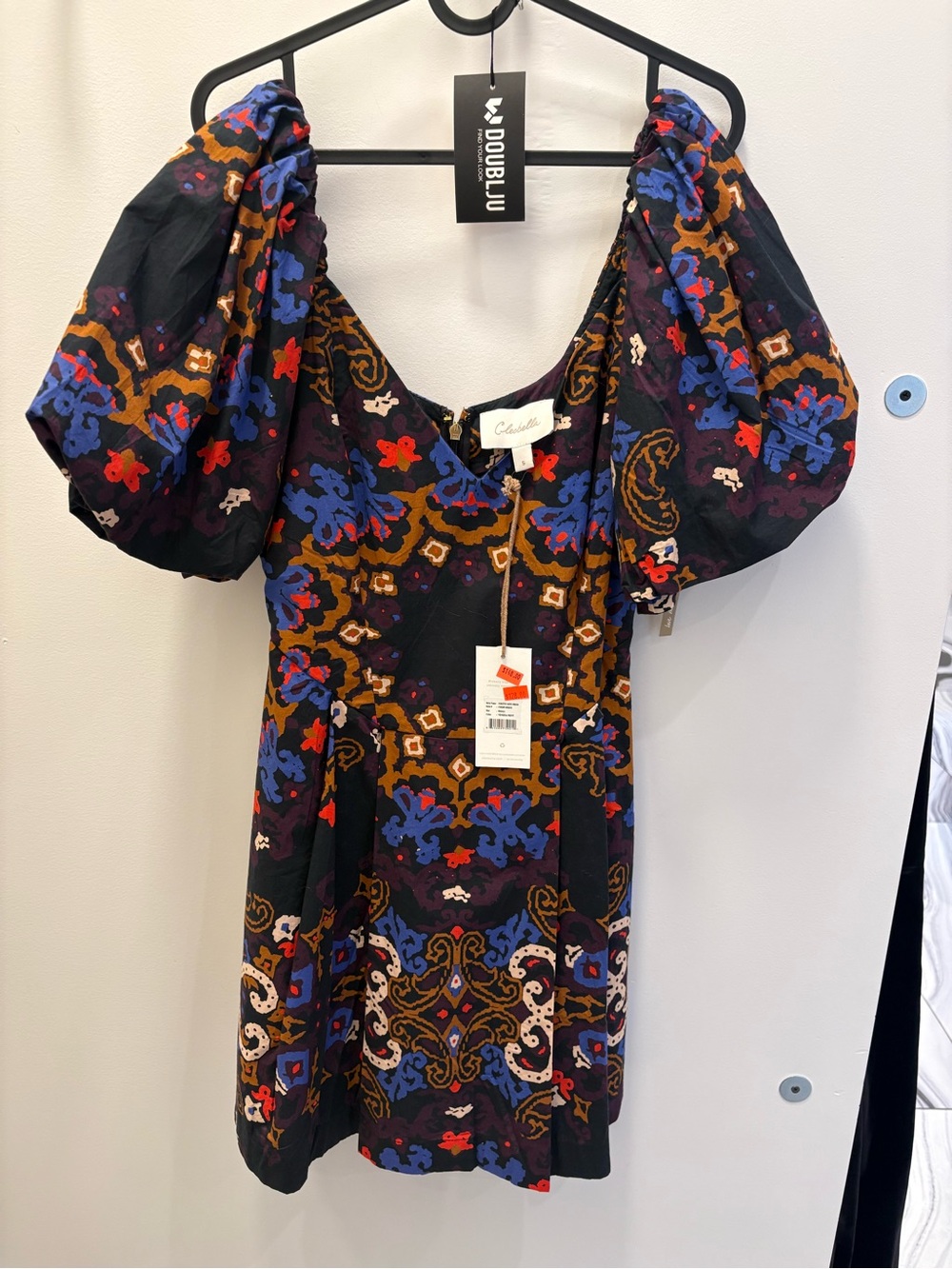 Cleobella Black Mini Dress with Blue and Rust Floral Print